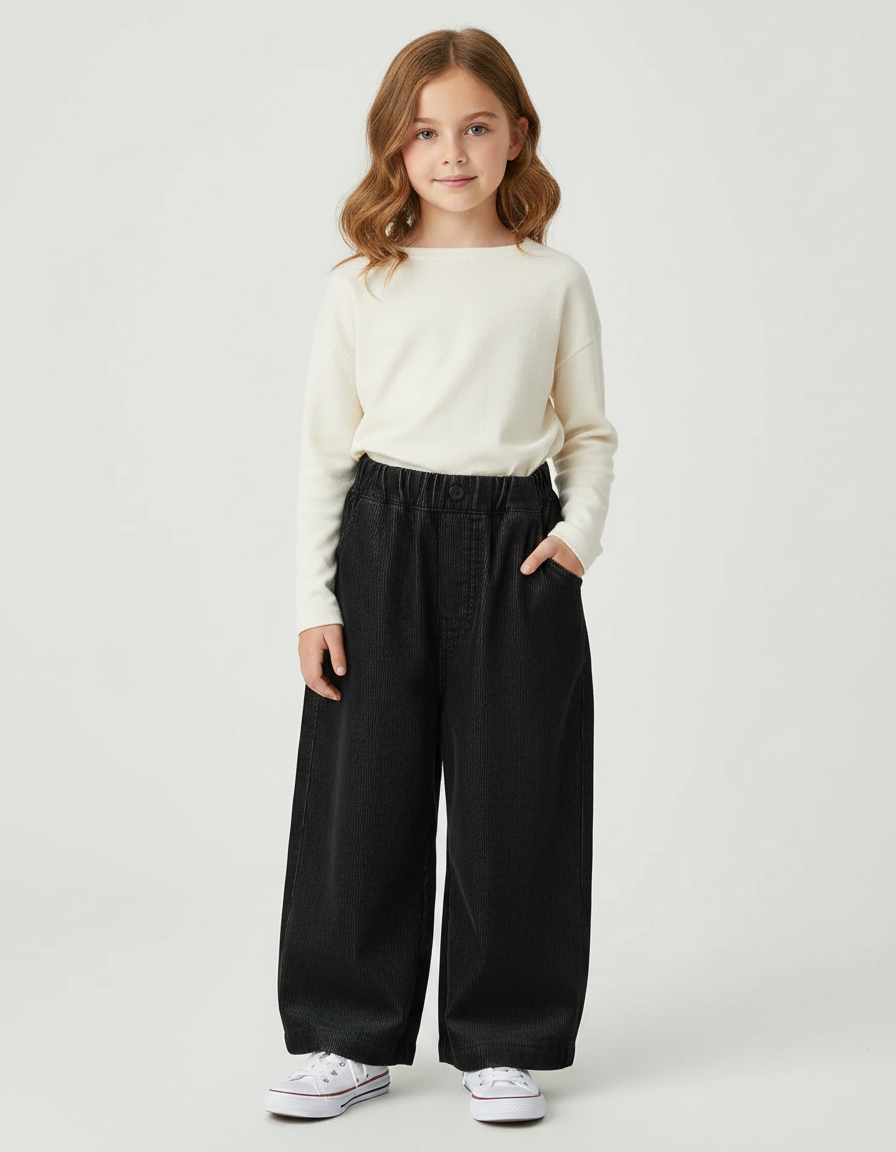 Pantalon Velours Noir Côtelé Ample Enfant Décontracté - Cordé