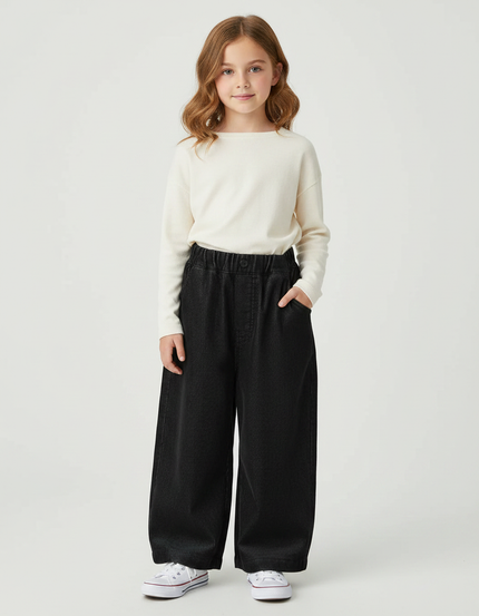 Pantalon Velours Noir Côtelé Ample Enfant Décontracté - Cordé