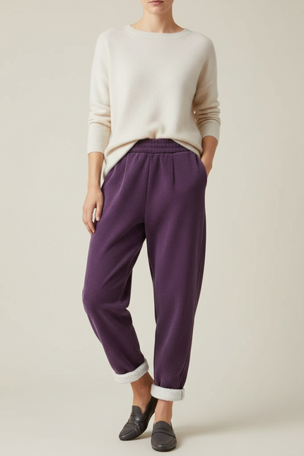 Pantalon Velours Violet Côtelé Doublé Polaire Ample - Cordé