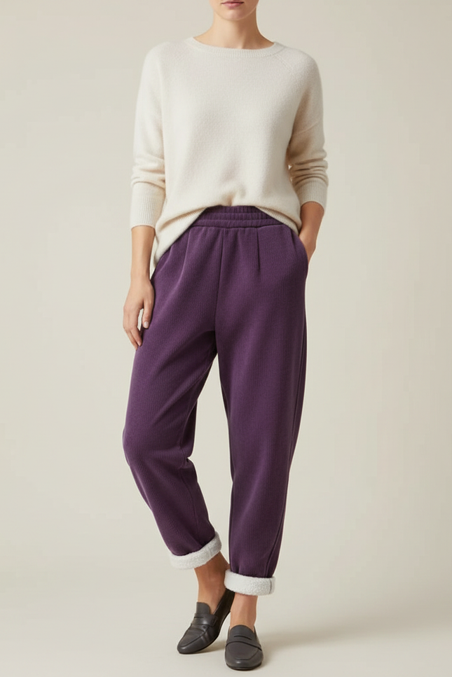 Pantalon Velours Violet Côtelé Doublé Polaire Ample - Cordé