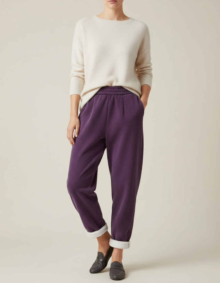 Pantalon Velours Violet Côtelé Doublé Polaire Ample - Cordé