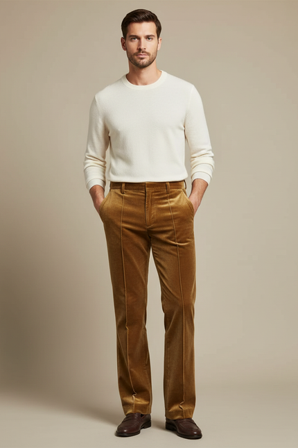 Pantalon Velours Marron Coupe Droite Élégant Homme - Cordé