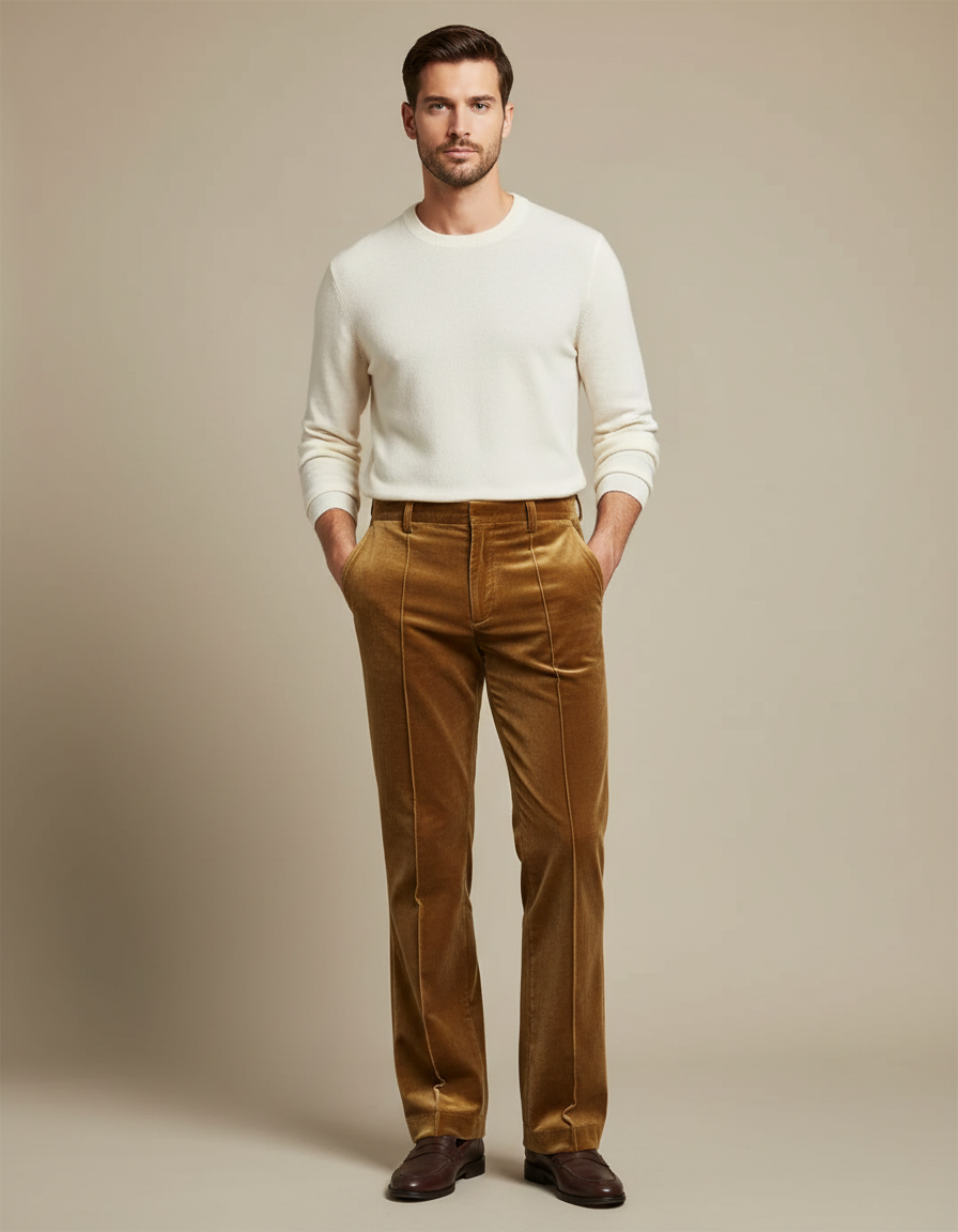 Pantalon Velours Marron Coupe Droite Élégant Homme - Cordé