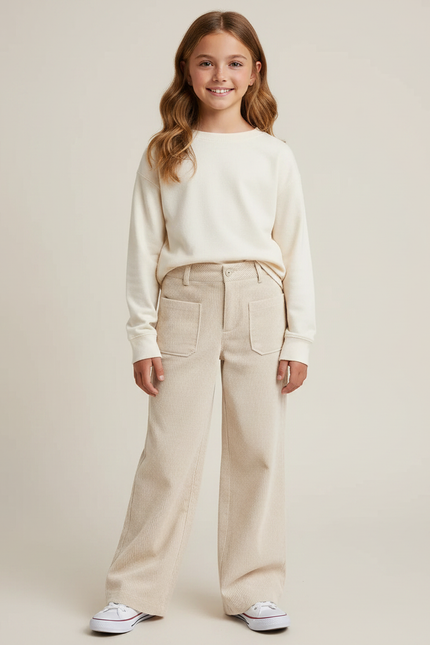 Pantalon Velours Beige Côtelé Ample Confortable Fille - Cordé