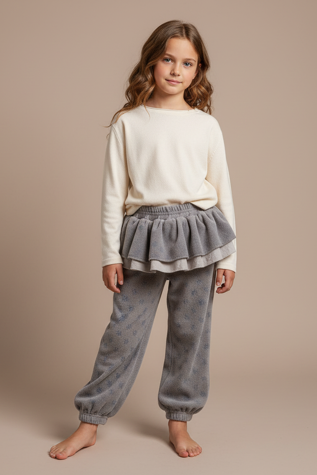 Pantalon Velours Gris Molletonné Volants Imprimé Fille