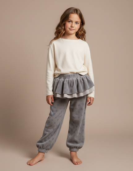 Pantalon Velours Gris Molletonné Volants Imprimé Fille