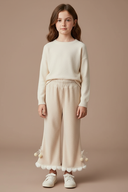 Pantalon Velours Écru Évasé Pompons Fille - Beige Cordé
