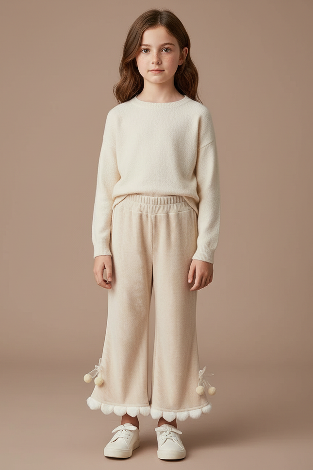 Pantalon Velours Écru Évasé Pompons Fille - Beige Cordé