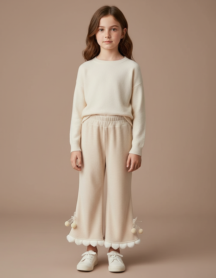 Pantalon Velours Écru Évasé Pompons Fille - Beige Cordé