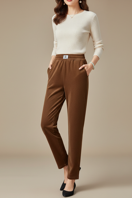 Pantalon Femme Velours Cotelé Fin - Marron Cordé