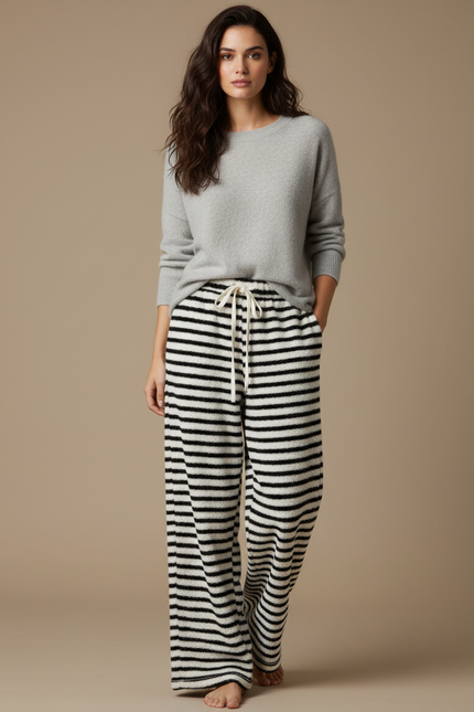 Pantalon Velours Rayé Noir Blanc Ample Doux - Multicolore