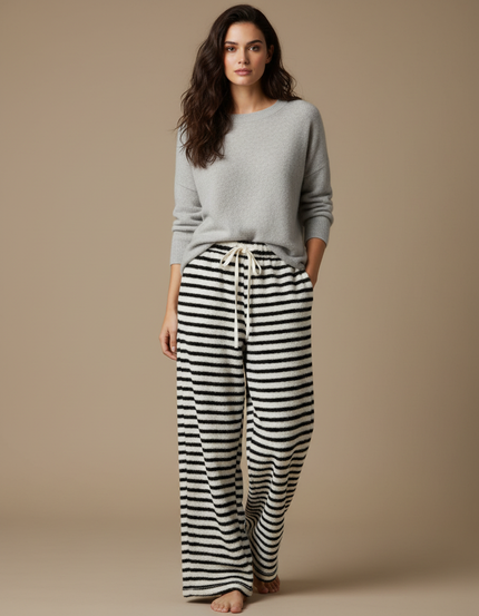 Pantalon Velours Rayé Noir Blanc Ample Doux - Multicolore