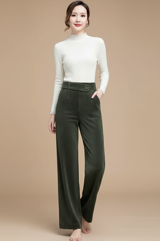Pantalon Velours Côtelé Vert Ample Taille Haute Femme - Cordé