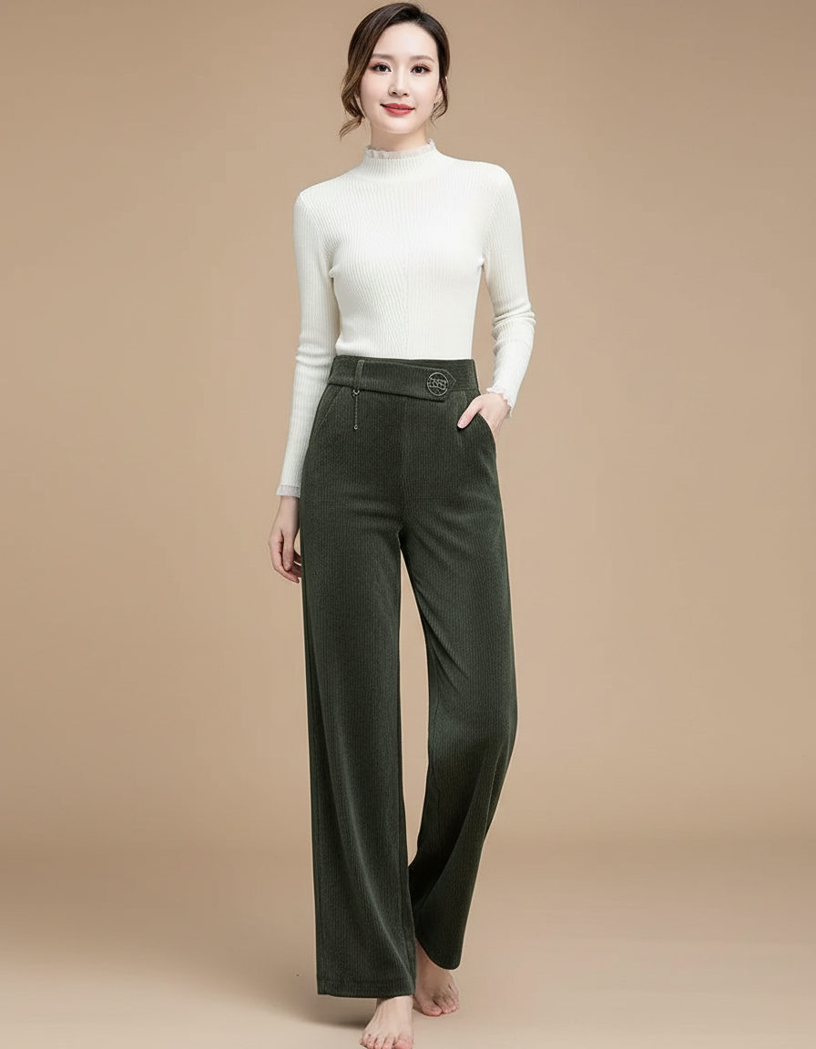 Pantalon Velours Côtelé Vert Ample Taille Haute Femme - Cordé