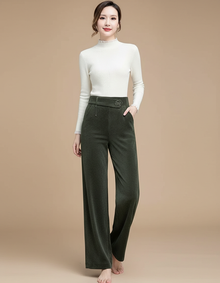 Pantalon Velours Côtelé Vert Ample Taille Haute Femme - Cordé