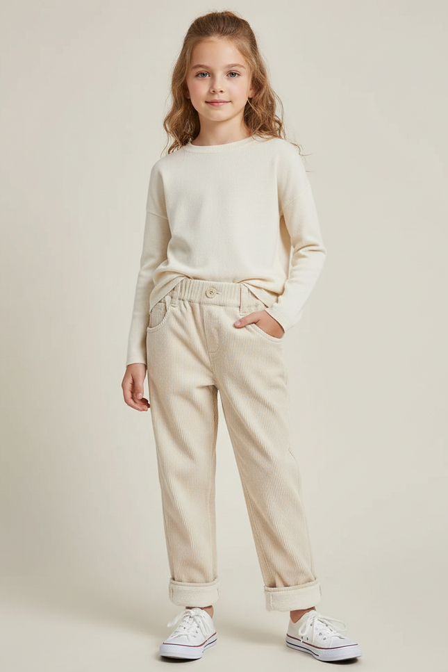 Pantalon Velours Côtelé Beige Enfant Décontracté Chaud - Cordé