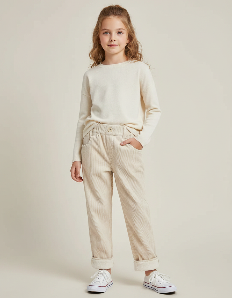 Pantalon Velours Côtelé Beige Enfant Décontracté Chaud - Cordé