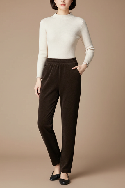 Pantalon Velours Marron Côtelé Droit Décontracté Femme