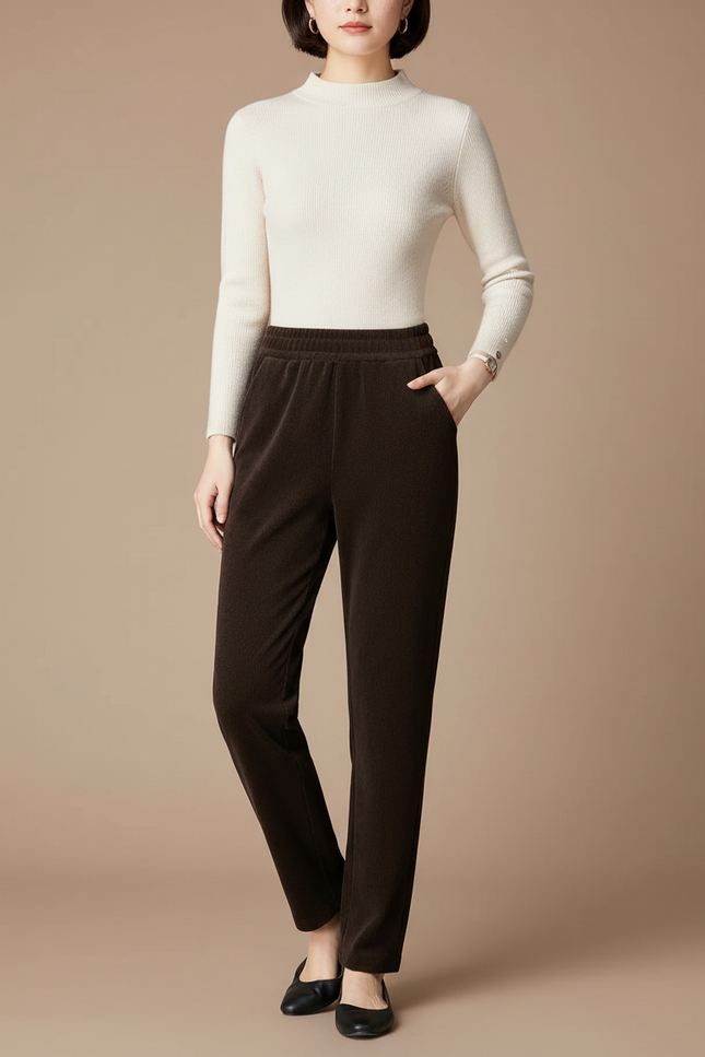 Pantalon Velours Marron Côtelé Droit Décontracté Femme