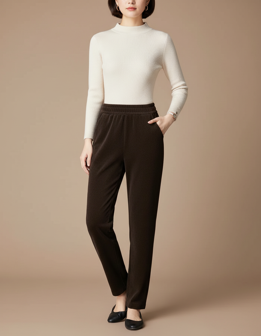 Pantalon Velours Marron Côtelé Droit Décontracté Femme