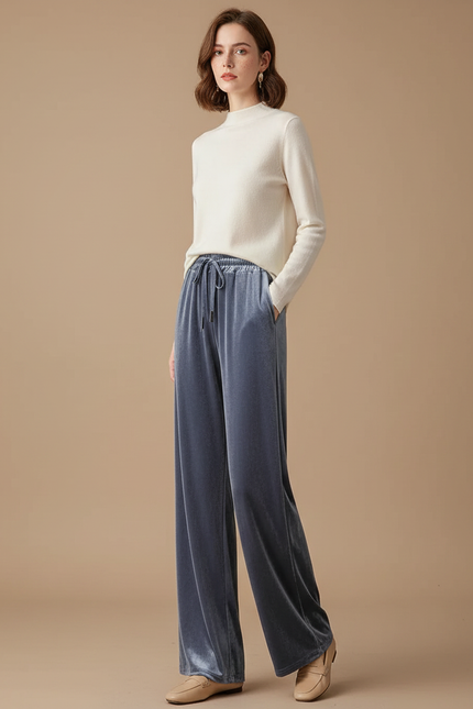 Pantalon Velours Gris Droit Ample Taille Haute