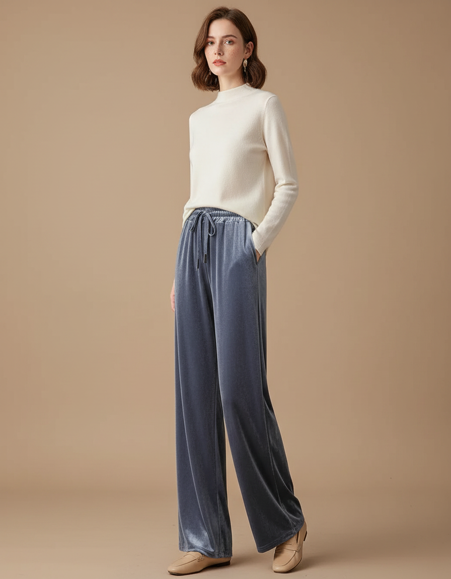 Pantalon Velours Gris Droit Ample Taille Haute