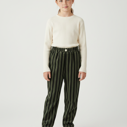 Pantalon Velours Rayé Vert Noir Ample Enfant - Kaki Cordé