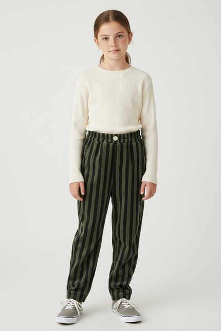 Pantalon Velours Rayé Vert Noir Ample Enfant - Kaki Cordé