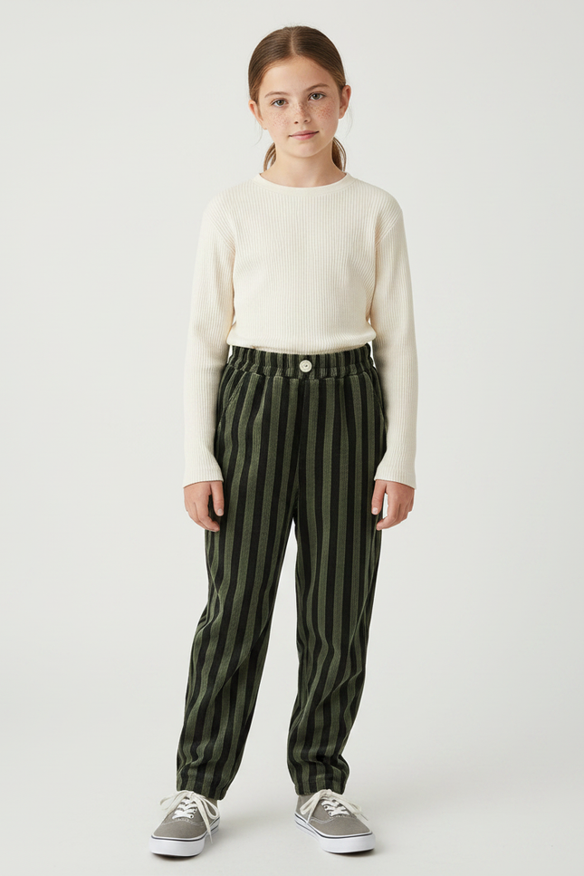 Pantalon Velours Rayé Vert Noir Ample Enfant - Kaki Cordé