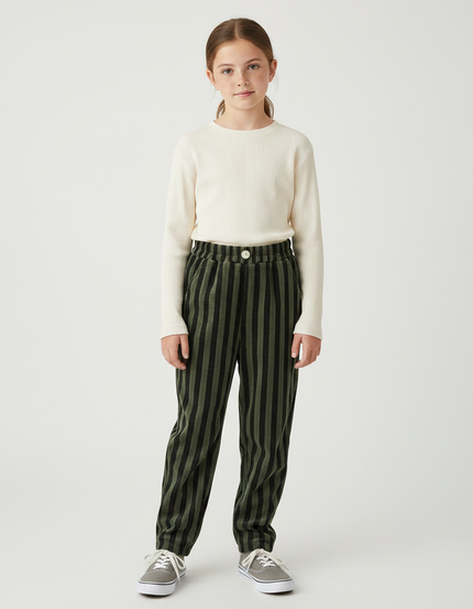 Pantalon Velours Rayé Vert Noir Ample Enfant - Kaki Cordé