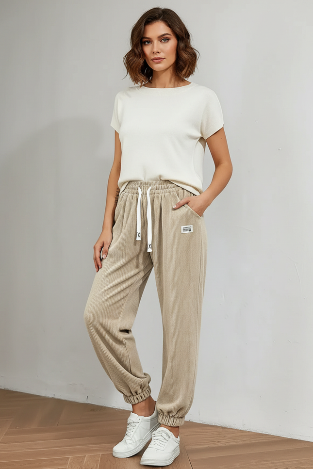 Pantalon Velours Côtelé Beige Ample Décontracté Cordon - Cordé