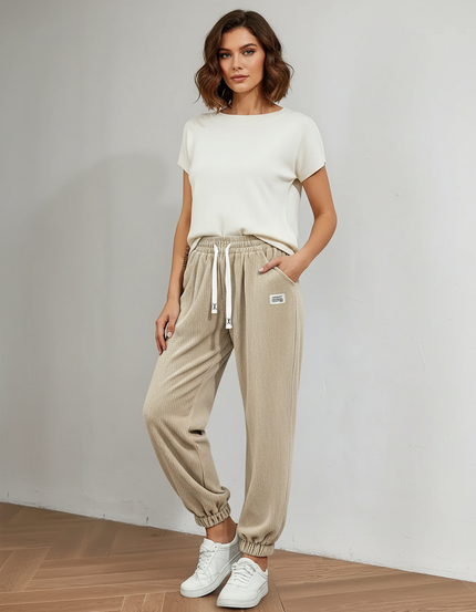 Pantalon Velours Côtelé Beige Ample Décontracté Cordon - Cordé