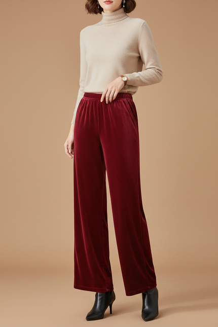 Pantalon Velours Rouge Ample Fluide Élastique Femme - Bordeaux