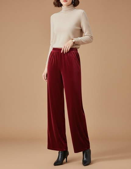 Pantalon Velours Rouge Ample Fluide Élastique Femme - Bordeaux