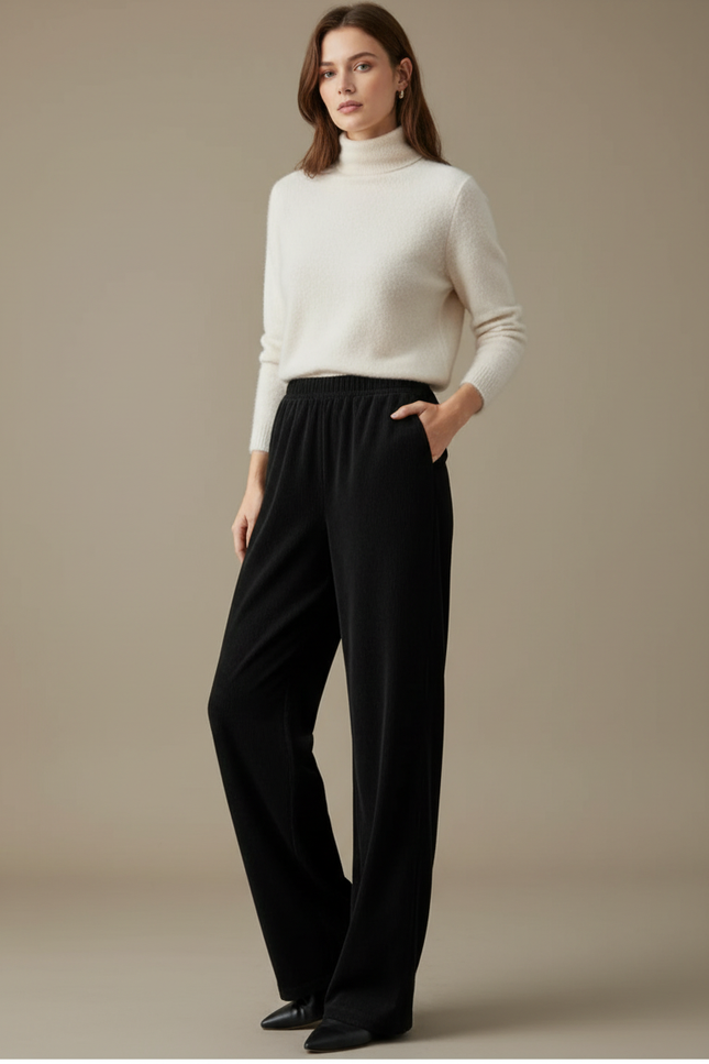 Pantalon Velours Noir Ample Taille Haute Fluide