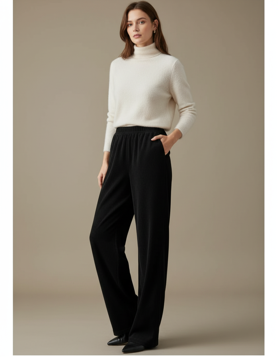 Pantalon Velours Noir Ample Taille Haute Fluide
