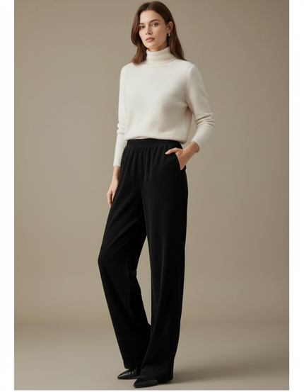 Pantalon Velours Noir Ample Taille Haute Fluide