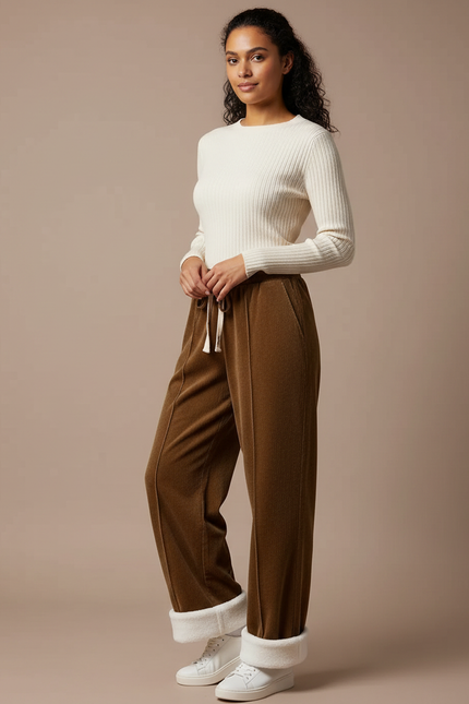 Pantalon Velours Marron Doublé Polaire Ample Cordon - Cordé