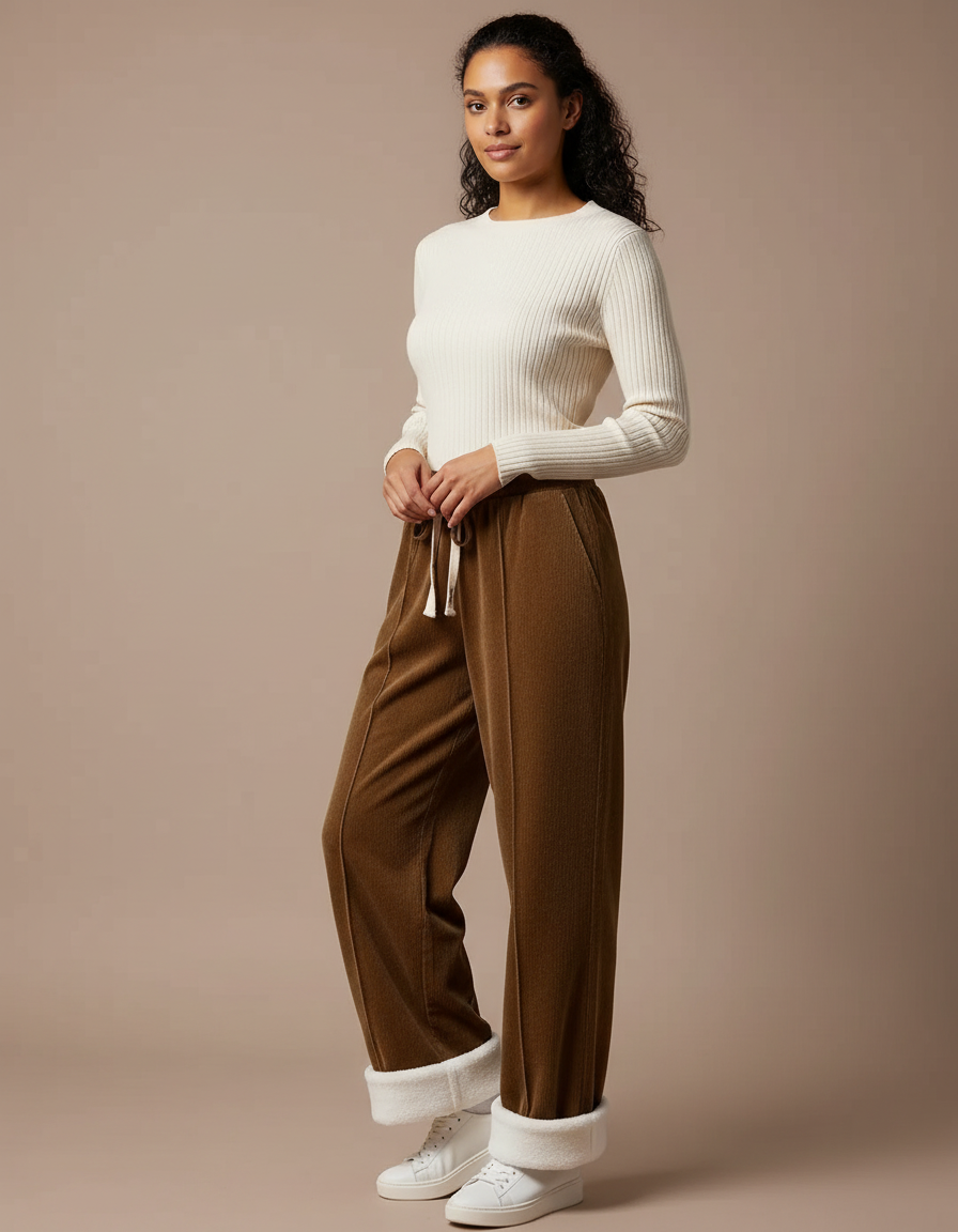 Pantalon Velours Marron Doublé Polaire Ample Cordon - Cordé