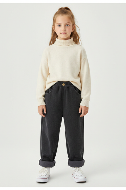 Pantalon Velours Gris Côtelé Ample Décontracté Fille Hiver - Cordé