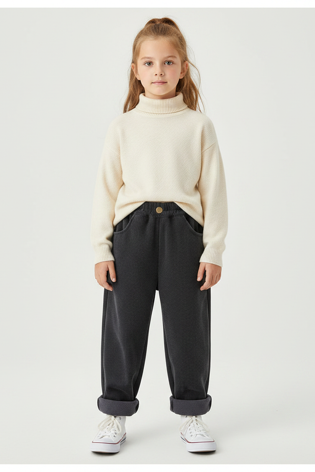 Pantalon Velours Gris Côtelé Ample Décontracté Fille Hiver - Cordé