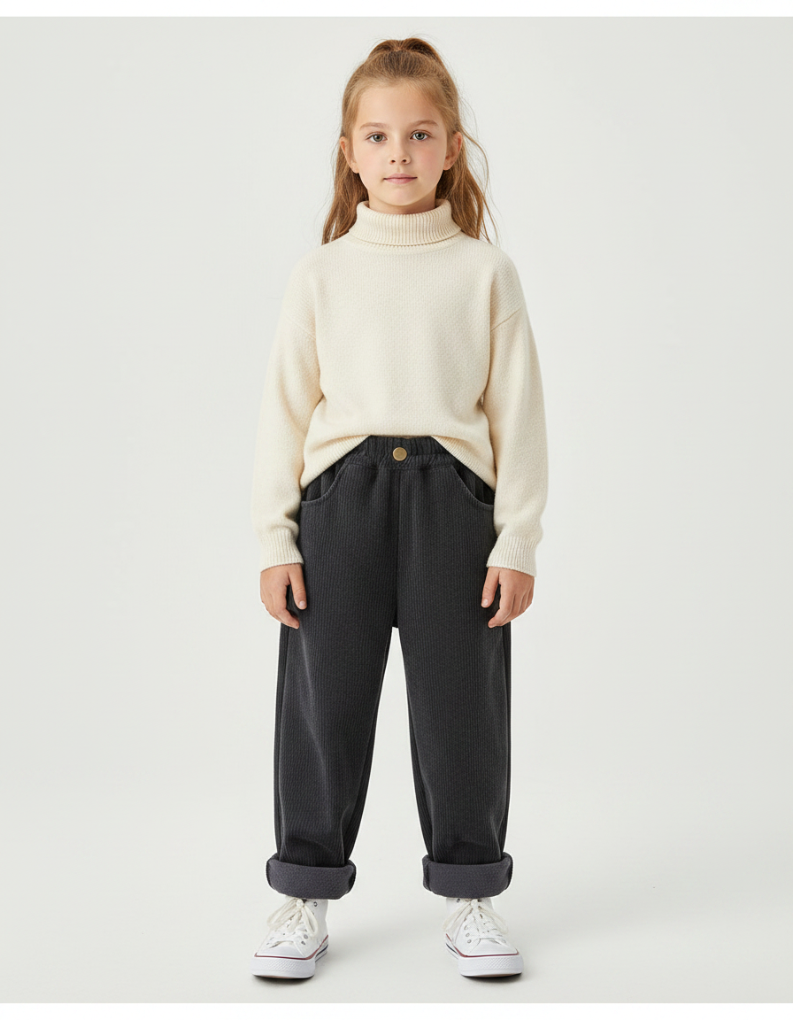 Pantalon Velours Gris Côtelé Ample Décontracté Fille Hiver - Cordé