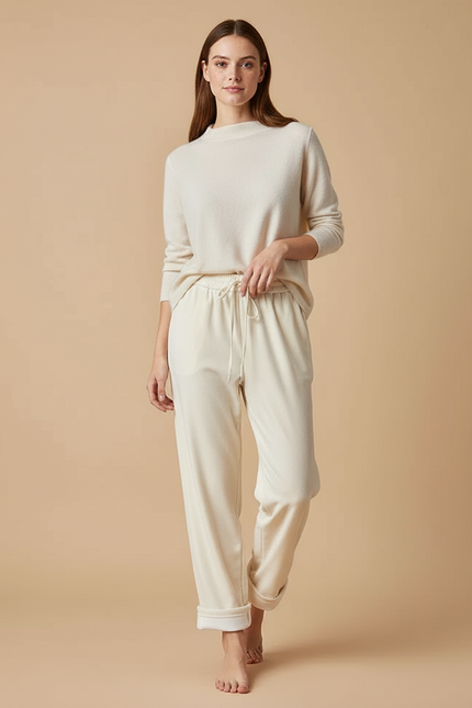 Pantalon Velours Crème Ample Confortable Cordon Femme - Beige