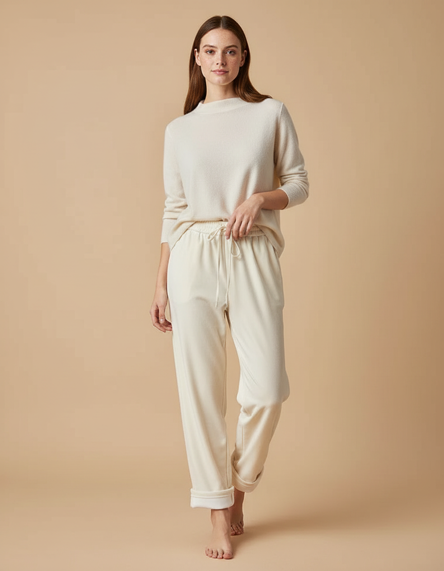 Pantalon Velours Crème Ample Confortable Cordon Femme - Beige