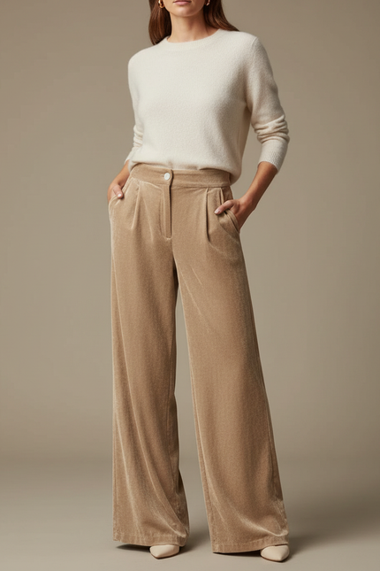 Pantalon Velours Beige Ample Plissé Fluide Élégant