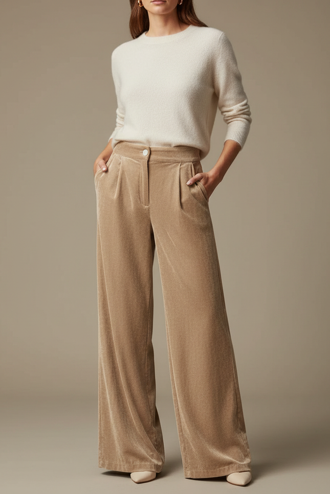 Pantalon Velours Beige Ample Plissé Fluide Élégant