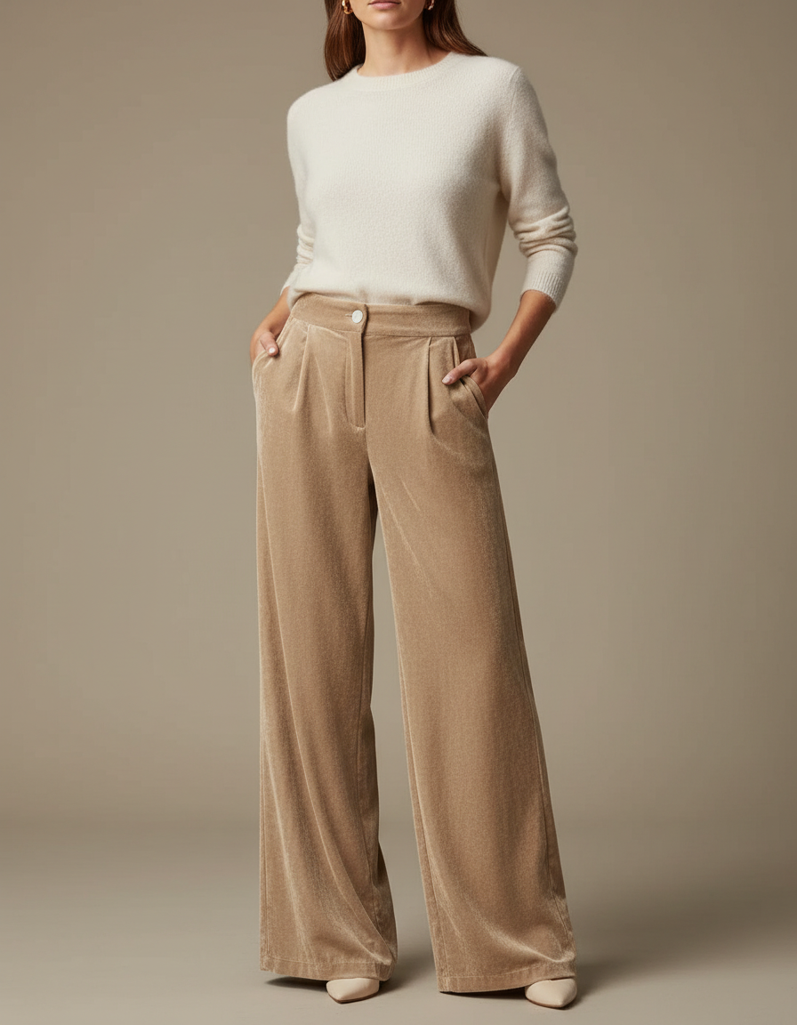 Pantalon Velours Beige Ample Plissé Fluide Élégant