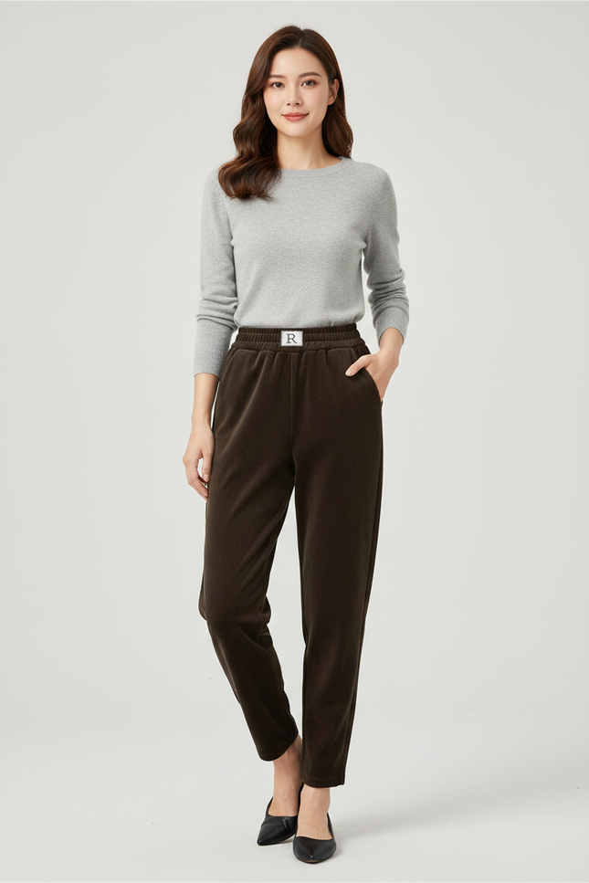 Pantalon Velours Marron Chaud Taille Haute Harem