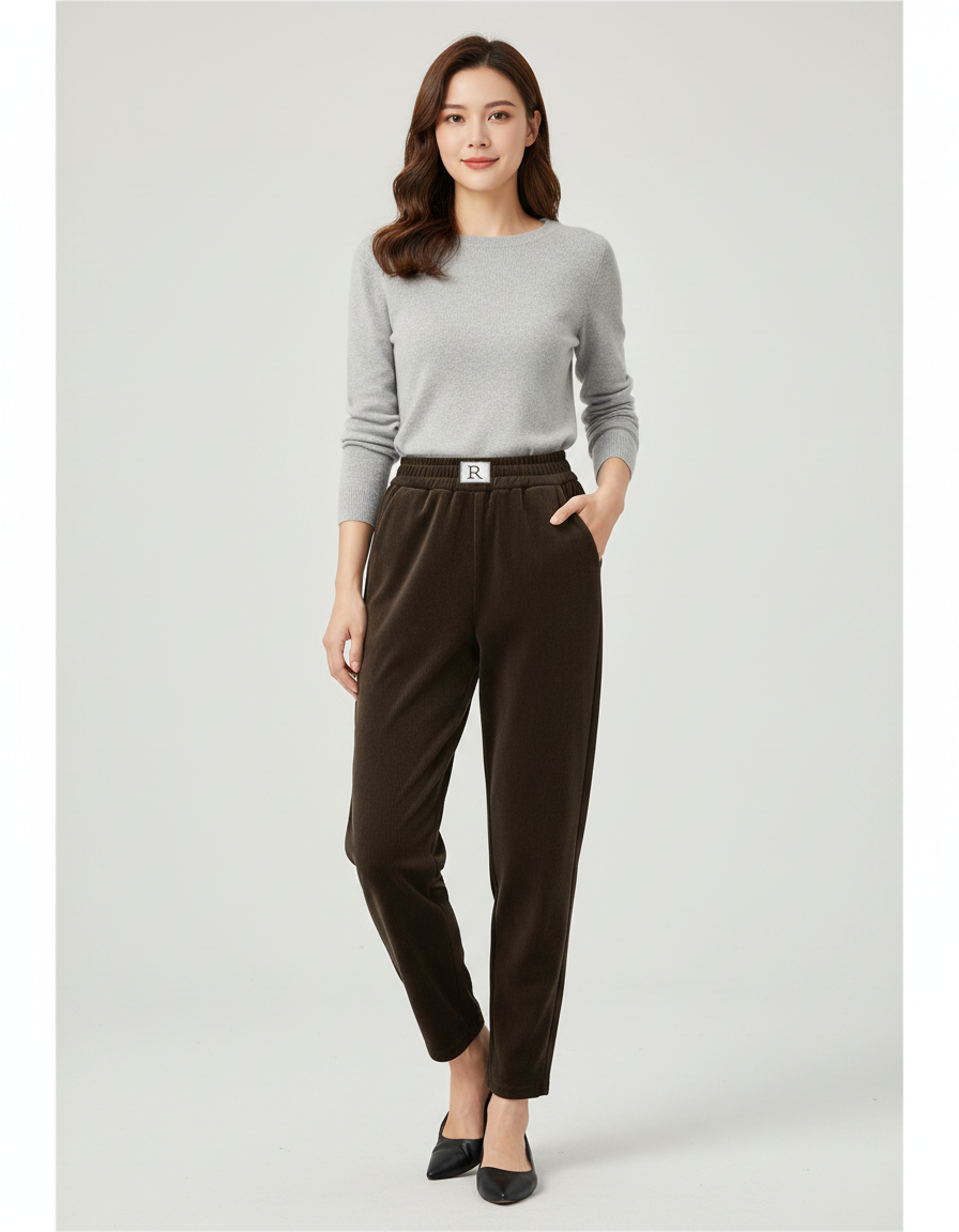 Pantalon Velours Marron Chaud Taille Haute Harem