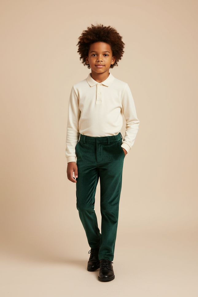 Pantalon Velours Vert Émeraude Droit Enfant Élégant